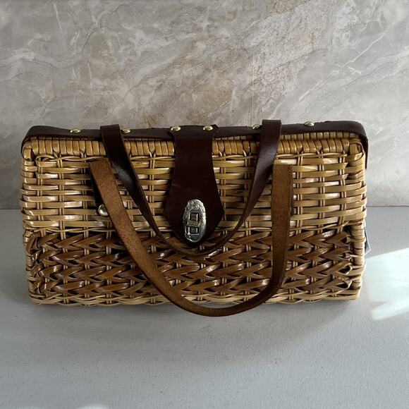 Vintage Wicker Handbag Leather Double Strap Twist Lock Brown Woven Hong Kong - Picture 1 of 13